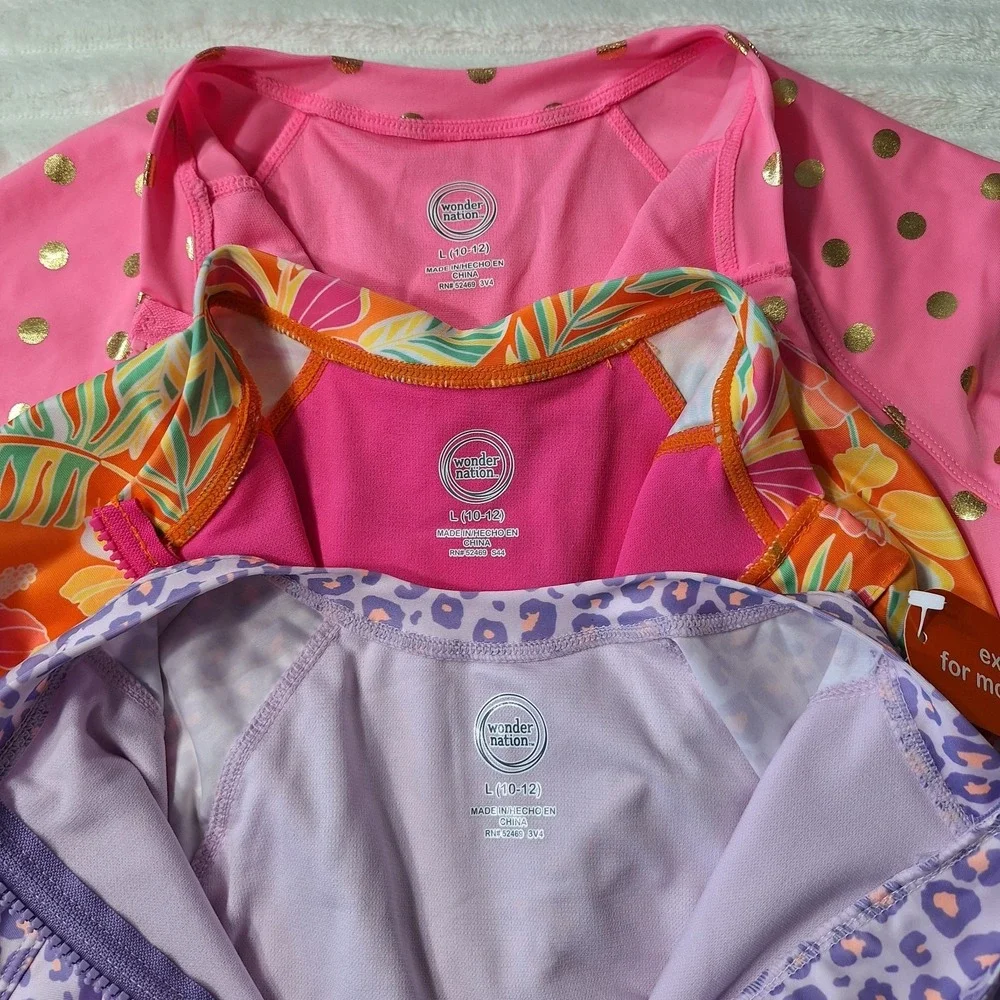3 PC LOT One Pc Long Sleeve Rashguard Swimsuits‎ Girls L (10-12) Multi UPF 50+